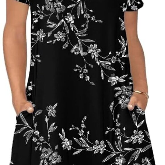 Dresses & Skirts - Elegant Women's Summer Casual T-Shirt Dress with Pockets - Floral Black, Size M